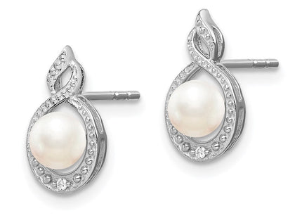 Sterling Silver Rhodium-plated FW Cultured Pearl & Diam. Earrings (Style QBE18JUN)
