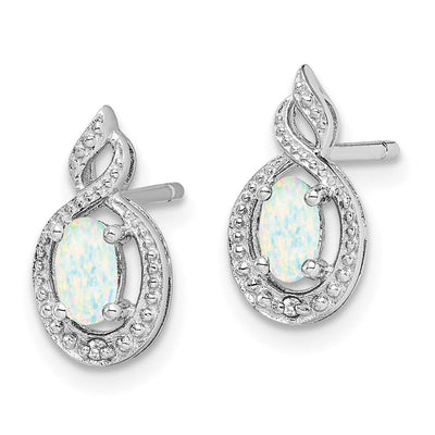 Sterling Silver Rhodium-plated Created Opal & Diam. Earrings, 13 x 7mm