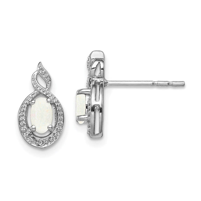 Sterling Silver Rhodium-plated Created Opal & Diam. Earrings, 13 x 7mm