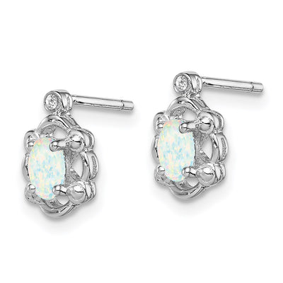 Sterling Silver Rhodium-plated Created Opal & Diam. Earrings, 10 x 6mm