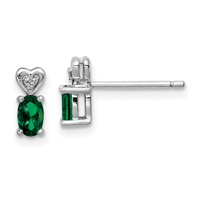 Sterling Silver Rhodium-plated Created Emerald & Diam. Earrings, 8 x 3mm