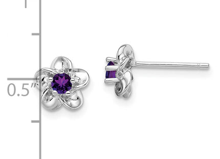 Sterling Silver Rhodium-plated Floral Amethyst Post Earrings (Style QBE30AM)