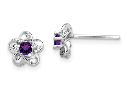 Sterling Silver Rhodium-plated Floral Amethyst Post Earrings (Style QBE30AM)