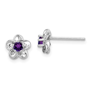 Sterling Silver Rhodium-plated Floral Amethyst Post Earrings (Style QBE30AM)