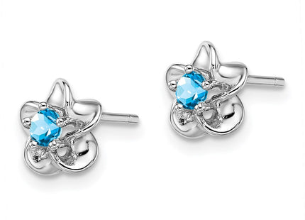 Sterling Silver Rhodium-plated Floral Blue Topaz Post Earrings (Style QBE30BT)