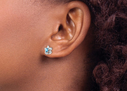 Sterling Silver Rhodium-plated Floral Blue Topaz Post Earrings (Style QBE30BT)