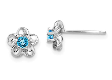 Sterling Silver Rhodium-plated Floral Blue Topaz Post Earrings (Style QBE30BT)
