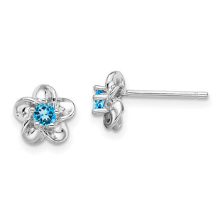 Sterling Silver Rhodium-plated Floral Blue Topaz Post Earrings (Style QBE30BT)