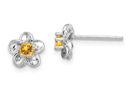 Sterling Silver Rhodium-plated Floral Citrine Post Earrings (Style QBE30CI)