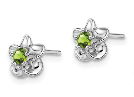 Sterling Silver Rhodium-plated Floral Peridot Post Earrings (Style QBE30PE)