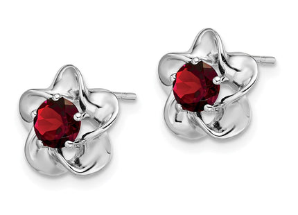 Sterling Silver Rhodium-plated Floral Garnet Post Earrings (Style QBE31JAN)