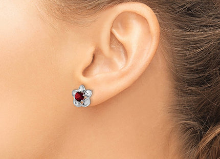 Sterling Silver Rhodium-plated Floral Garnet Post Earrings (Style QBE31JAN)