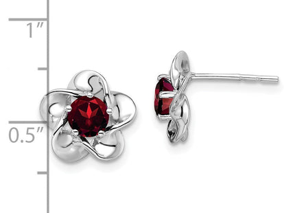 Sterling Silver Rhodium-plated Floral Garnet Post Earrings (Style QBE31JAN)