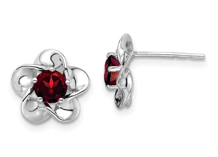 Sterling Silver Rhodium-plated Floral Garnet Post Earrings (Style QBE31JAN)
