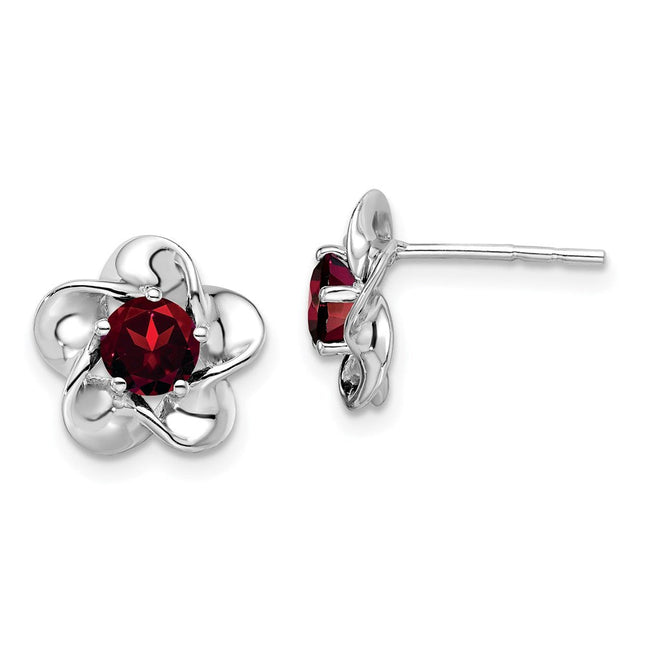 Sterling Silver Rhodium-plated Floral Garnet Post Earrings, 15 x 9mm