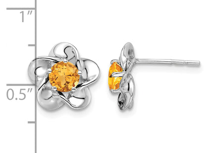 Sterling Silver Rhodium-plated Floral Citrine Post Earrings, 15 x 9mm