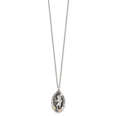Landstrom's Mt. Rushmore Black Hills Sterling Silver 12K Gold Accents Antiqued St. Christopher Protect Us Spring Ring Clasp Necklace