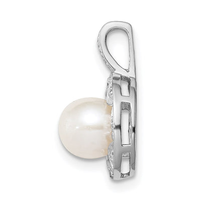 Sterling Silver Rhodium-plated Diam. & FW Cultured Pearl Pendant, 16 x 9mm
