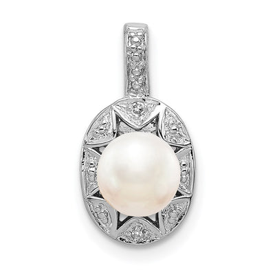 Sterling Silver Rhodium-plated Diam. & FW Cultured Pearl Pendant, 16 x 9mm