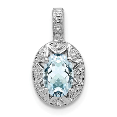 Sterling Silver Rhodium-plated Diam. & Aquamarine Pendant, 16 x 9mm