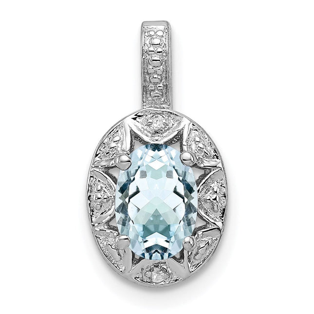 Sterling Silver Rhodium-plated Diam. & Aquamarine Pendant, 16 x 9mm