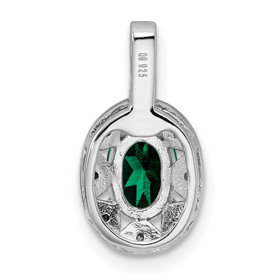 Sterling Silver Rhodium-plated Diam. & Created Emerald Pendant, 16 x 9mm