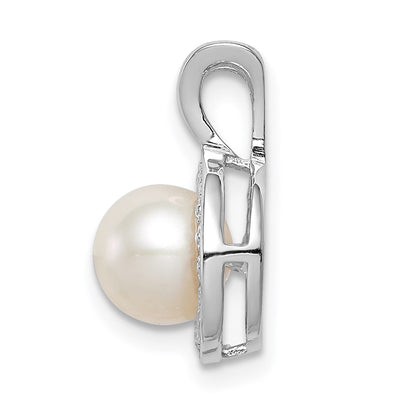 Sterling Silver Rhodium-plated Diam. & FW Cultured Pearl Pendant, 14 x 10mm