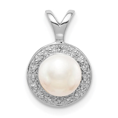 Sterling Silver Rhodium-plated Diam. & FW Cultured Pearl Pendant, 14 x 10mm