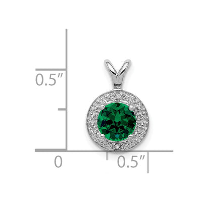 Sterling Silver Rhodium-plated Diam. & Created Emerald Pendant, 14 x 10mm
