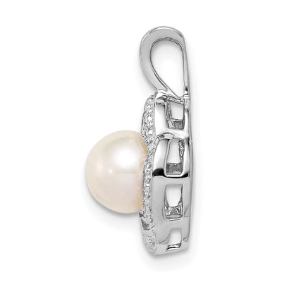Sterling Silver Rhodium-plated Diam. & FW Cultured Pearl Pendant, 16 x 10mm
