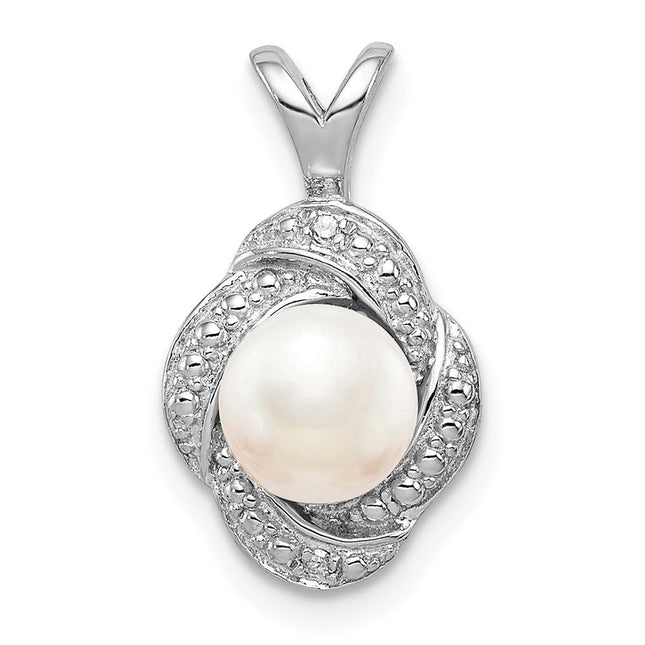 Sterling Silver Rhodium-plated Diam. & FW Cultured Pearl Pendant, 16 x 10mm