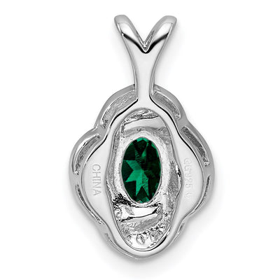 Sterling Silver Rhodium-plated Diam. & Created Emerald Pendant, 16 x 10mm