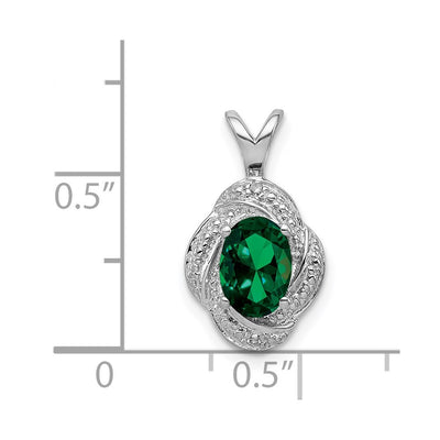 Sterling Silver Rhodium-plated Diam. & Created Emerald Pendant, 16 x 10mm