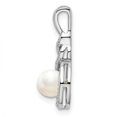 Sterling Silver Rhodium-plated FW Cultured Pearl & Diam. Pendant, 13 x 7mm