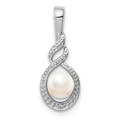 Sterling Silver Rhodium-plated FW Cultured Pearl & Diam. Pendant, 13 x 7mm