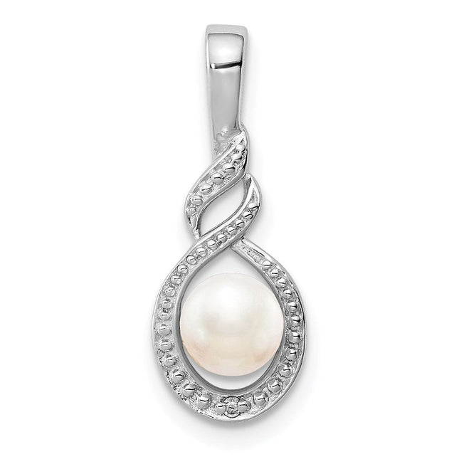 Sterling Silver Rhodium-plated FW Cultured Pearl & Diam. Pendant, 13 x 7mm
