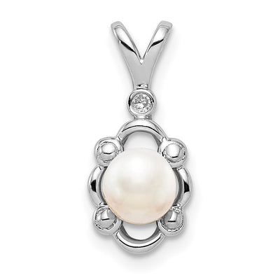 Sterling Silver Rhodium-plated FW Cultured Pearl & Diam. Pendant, 17 x 8mm