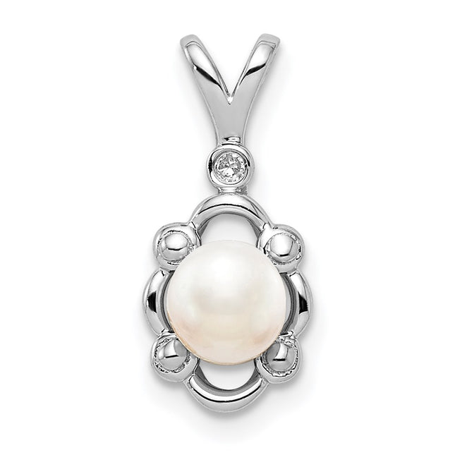 Sterling Silver Rhodium-plated FW Cultured Pearl & Diam. Pendant, 17 x 8mm