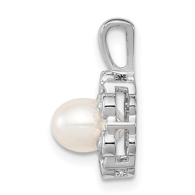 Sterling Silver Rhodium-plated FW Cultured Pearl & Diam. Pendant, 15 x 9mm
