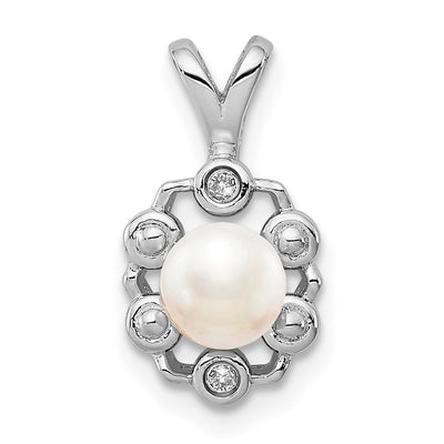 Sterling Silver Rhodium-plated FW Cultured Pearl & Diam. Pendant, 15 x 9mm