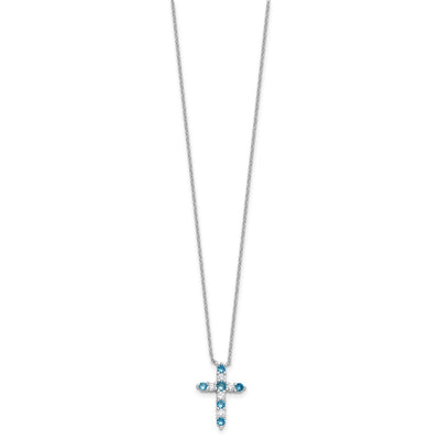 SS RH-plated Blue CZ December Birthstone Cross w/2in ext Necklace
