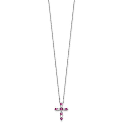 SS RH-plated Dark Pink CZ July Birthstone Cross w/2in ext Necklace
