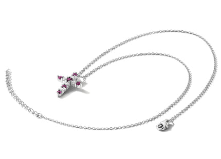 SS RH-plated Dark Pink CZ July Birthstone Cross w/2in ext Necklace