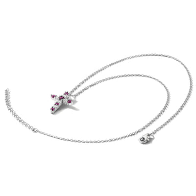 SS RH-plated Dark Pink CZ July Birthstone Cross w/2in ext Necklace