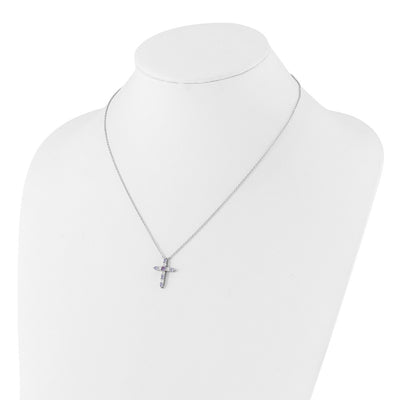 SS RH-plated Lt Purple CZ June Birthstone Cross w/2in ext Necklace