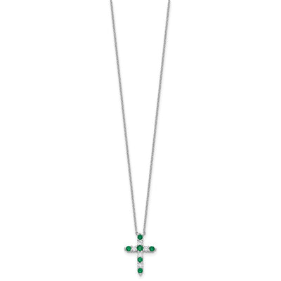 SS RH-plated Green CZ May Birthstone Cross w/2in ext Necklace