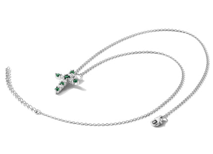 SS RH-plated Green CZ May Birthstone Cross w/2in ext Necklace