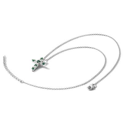 SS RH-plated Green CZ May Birthstone Cross w/2in ext Necklace