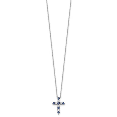 SS RH-plated Dark Blue CZ Sept Birthstone Cross w/2in ext Necklace