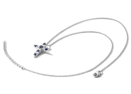 SS RH-plated Dark Blue CZ Sept Birthstone Cross w/2in ext Necklace